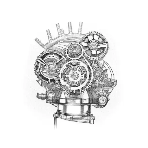 Incorporate a detailed motorcycle engine with gears and pistons into a larger mechanical-themed sleeve design tattoo design idea