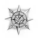 A black and gray tattoo of a nautical compass surrounded by realistic violet and daffodil flowers tattoo design idea