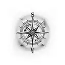 A black and gray tattoo of a nautical compass surrounded by realistic violet and daffodil flowers tattoo design idea