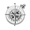 A black and gray tattoo of a nautical compass surrounded by realistic violet and daffodil flowers tattoo design idea