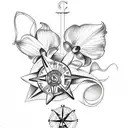 A sketch-style forearm tattoo featuring a nautical compass with a delicate orchid, violet, and daffodil bouquet tattoo design idea