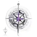 A sketch-style forearm tattoo featuring a nautical compass with a delicate orchid, violet, and daffodil bouquet tattoo design idea