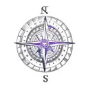 A sketch-style forearm tattoo featuring a nautical compass with a delicate orchid, violet, and daffodil bouquet tattoo design idea