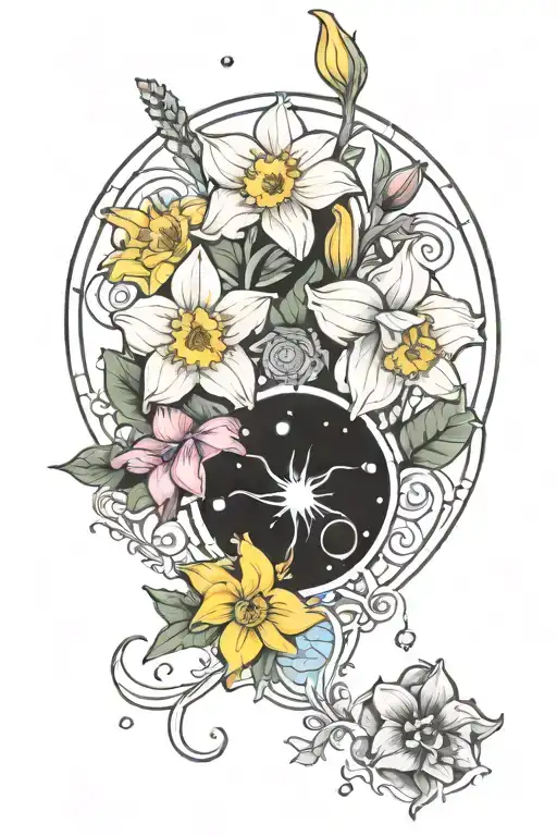 line of planets, with Aquarius astrological sign in the middle and a daffodil, lily, larkspur, gladiolous, chrysanthenum tattoo design idea