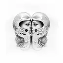 Twin girls, two faces, realistic, human tattoo design idea