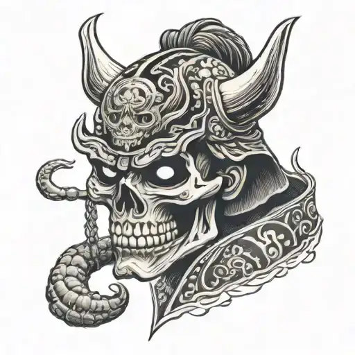 skull, samurai, oni mask tattoo design idea