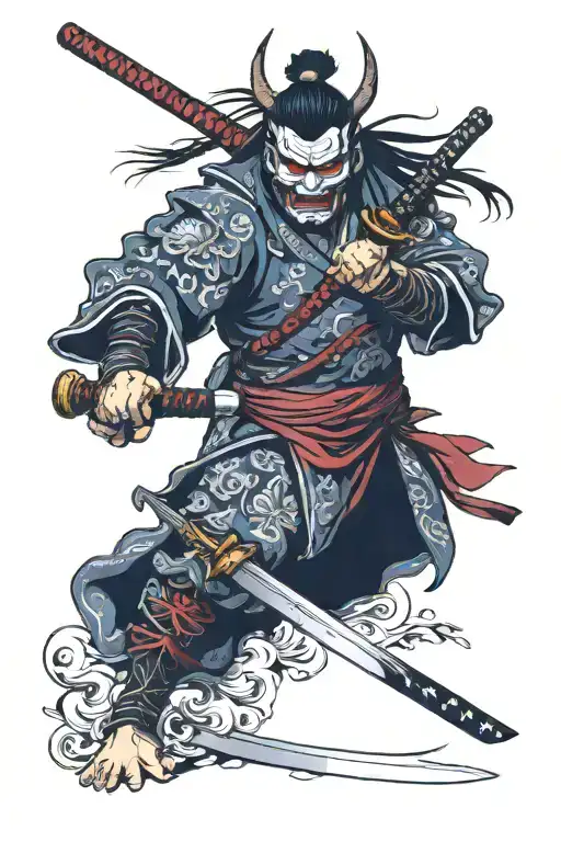 samurai, oni mask, katana sword tattoo design idea