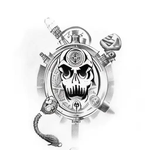 katrina with skull, compass, marbles, hippopotamus, binary text, dog footprint tattoo design idea