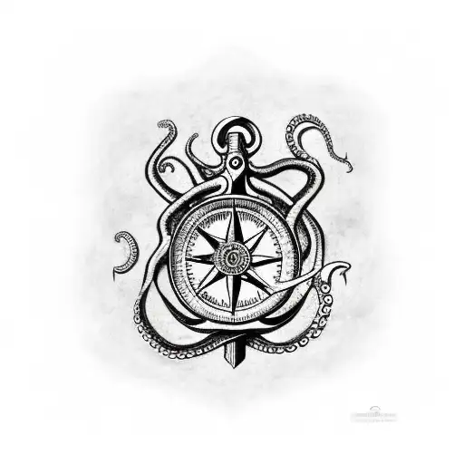 Octopus wrapped around an anchor and crushing a map compass tattoo design idea