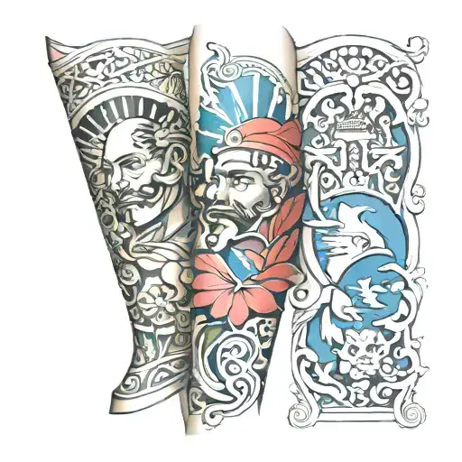 sleeve tattoo leg with an image of Cuba, Dominican Republic, and Columbia  tattoo design idea