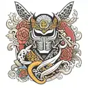 Japanese styled half sleeve that goes from the shoulder to just above the elbow, including a hanya mask and a samurai wi tattoo design idea