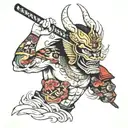 Japanese styled half sleeve that goes from the shoulder to just above the elbow, including a hanya mask and a samurai wi tattoo design idea