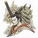 Japanese styled half sleeve that goes from the shoulder to just above the elbow, including a hanya mask and a samurai wi tattoo design idea