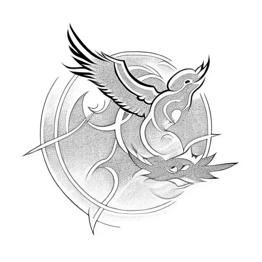 upper arm 2d bold similar to tribal style, with a sun on the front deltoid and a phoenix flying towrds it on bicep tattoo design idea