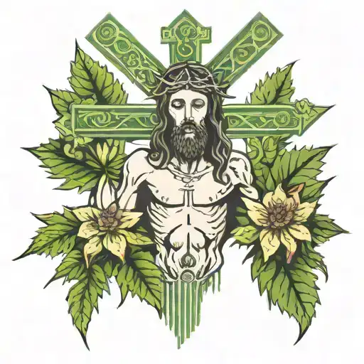 Jesus on the cross wrapped in cannabis leafes tattoo design idea