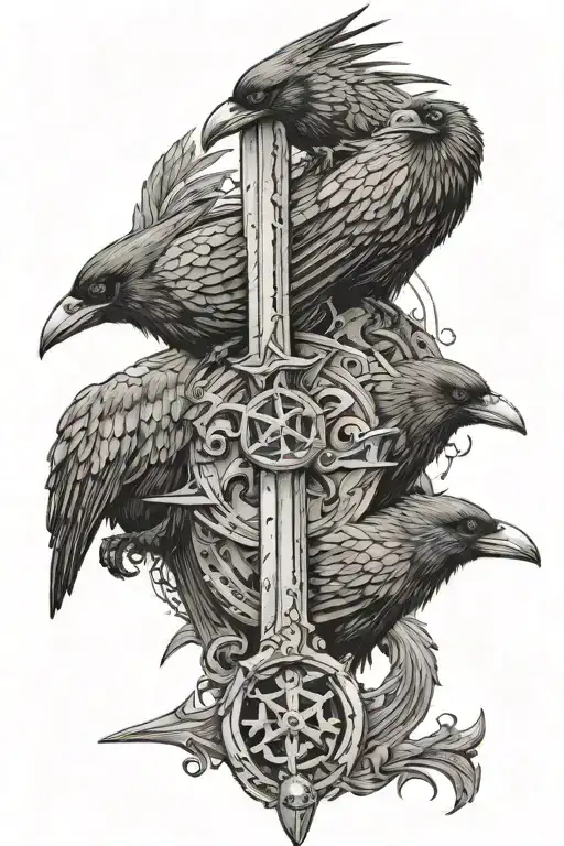 spear in the middle and two crows around the spear one on the left and one on the righ.their head are tilted to the side tattoo design idea