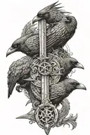 spear in the middle and two crows around the spear one on the left and one on the righ.their head are tilted to the side tattoo design idea