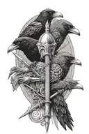 spear in the middle and two crows around the spear one on the left and one on the righ.their head are tilted to the side tattoo design idea