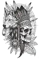 native american and skull and compass and feather and axe and horses and wolf tattoo design idea