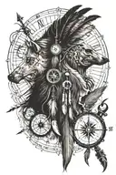 native american and skull and compass and feather and axe and horses and wolf tattoo design idea