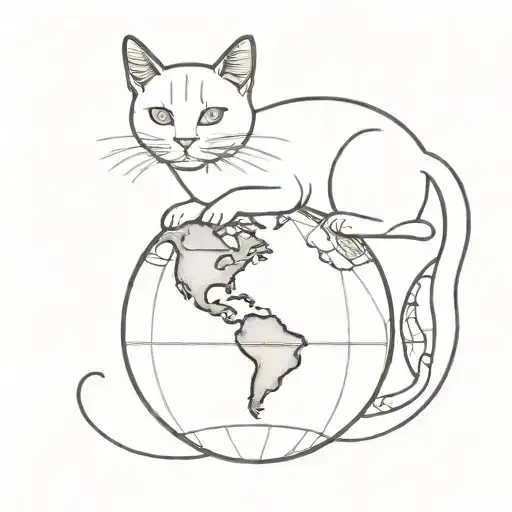 A minimalist design of a cat sitting on top of a globe, symbolizing travel and exploration tattoo design idea