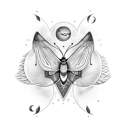 A mesmerizing moth resting on a crescent moon surrounded by delicate vines tattoo design idea