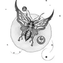 A mesmerizing moth resting on a crescent moon surrounded by delicate vines tattoo design idea