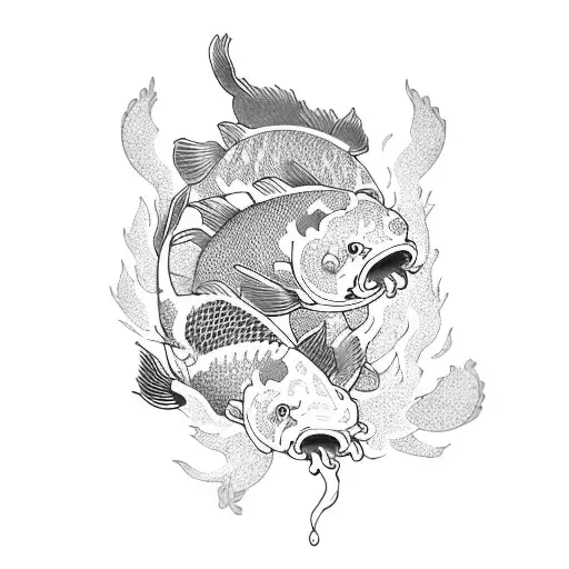 Japanese shish dog surrounded by koi fish in a pond tattoo design idea