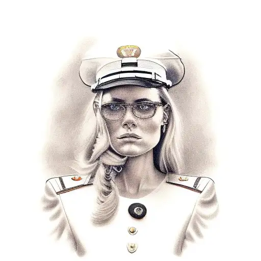 A realistic portrait of a strong and empowered woman in Marine corps attire tattoo design idea