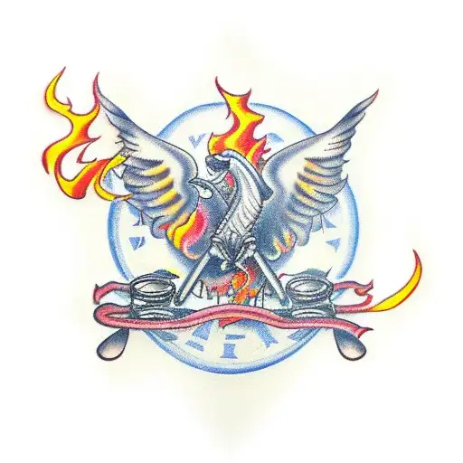 A traditional tattoo of a classic muscle car with flames coming out of the exhaust pipes, surrounded by musical instruments and dollar signs tattoo design idea