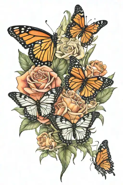 floral design with colorful  roses bright orange and pink roses, aloe vera plant or agave plant,  monarch butterfly tattoo design idea