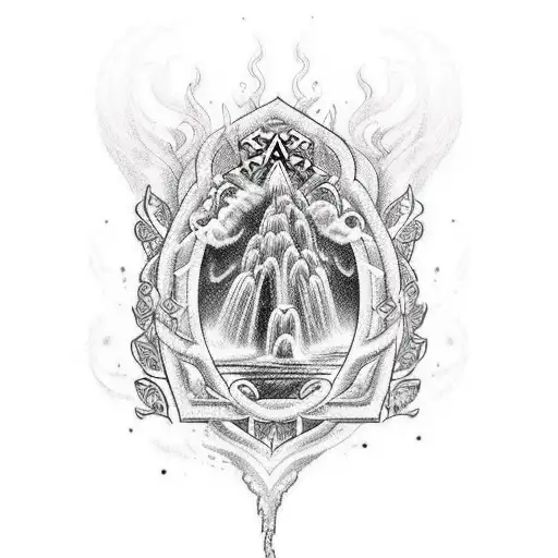 A detailed blackwork tattoo of a majestic waterfall with musical notes flowing down like a river, incorporating elements from Zelda tattoo design idea