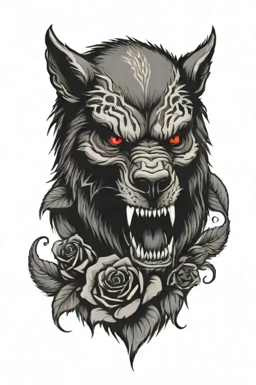 werewolf skull and roses tattoo design idea