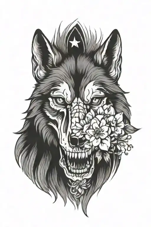 wolf skull head and flowers tattoo design idea
