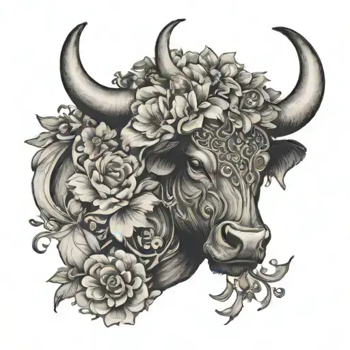 bull head Side view with flowers tattoo design idea