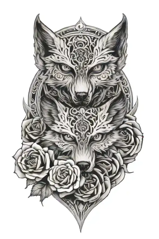 butterfly  wolves  roses  hidden skulls tattoo design idea