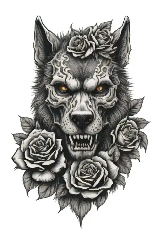 werewolf skull and roses tattoo design idea