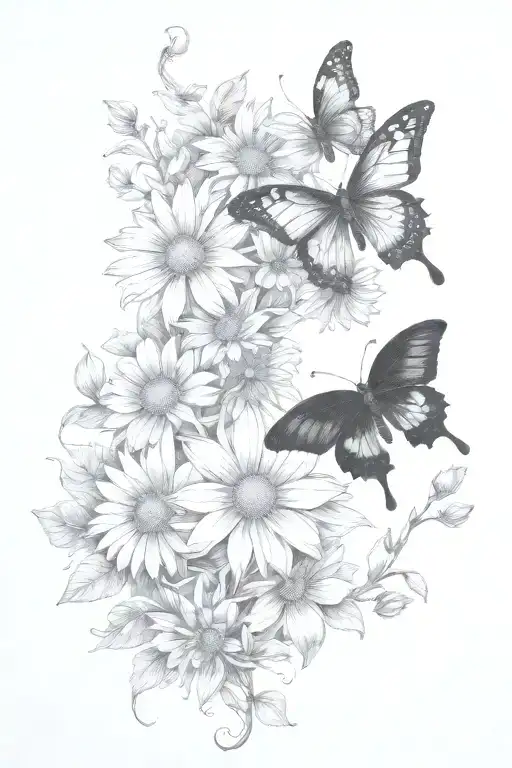 vines thorns growing up with a butterfly's and daisy flowers  tattoo design idea