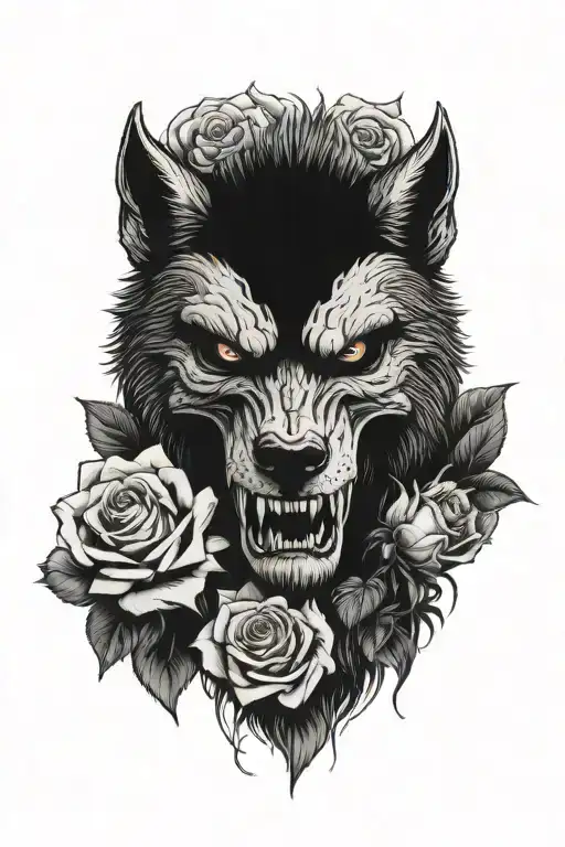 werewolf skull and roses tattoo design idea