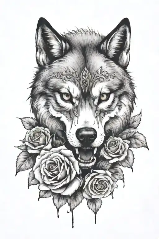 wolf skull with roses and blood tattoo design idea