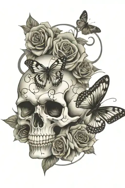 roses butterflys skulls tattoo design idea