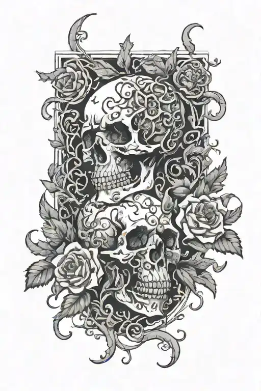 vines with thorns wrapping around skulls and flowers tattoo design idea