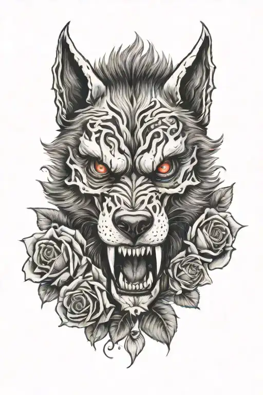 werewolf skull and roses tattoo design idea