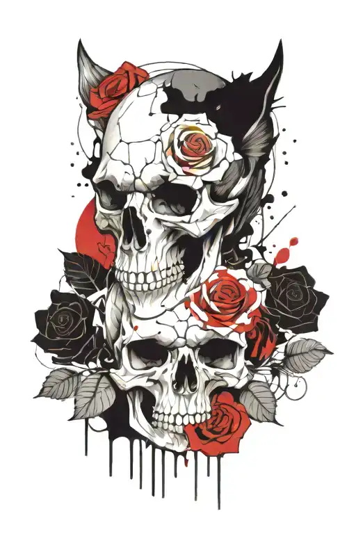 roses  wolf skull tattoo design idea