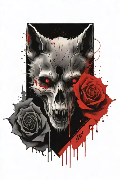 roses wolf skull tattoo design idea