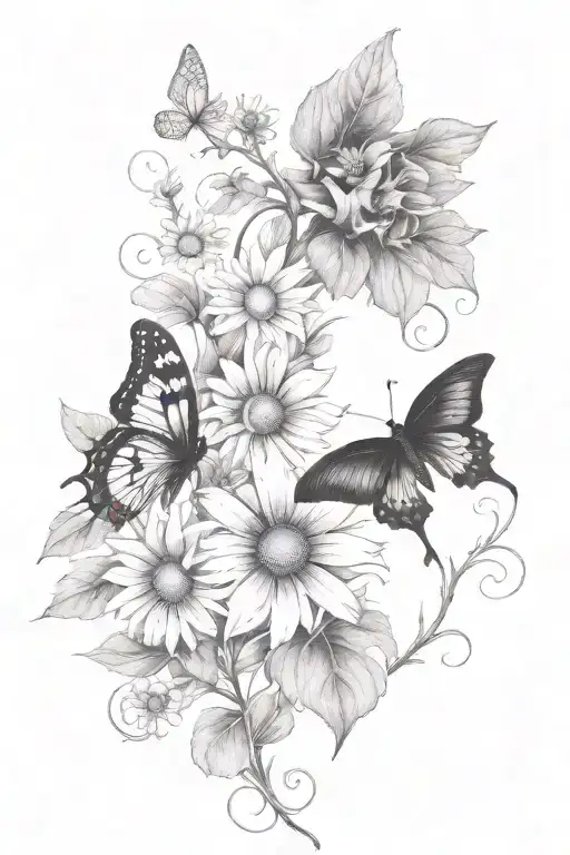 vines thorns growing up with a butterfly's and daisy flowers tattoo design idea