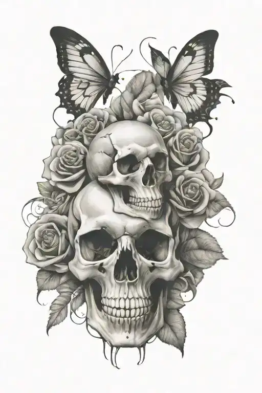 rose and butterfly skulls tattoo design idea