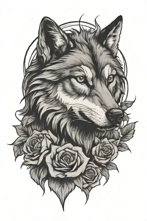 aggressive wolf and roses tattoo design idea
