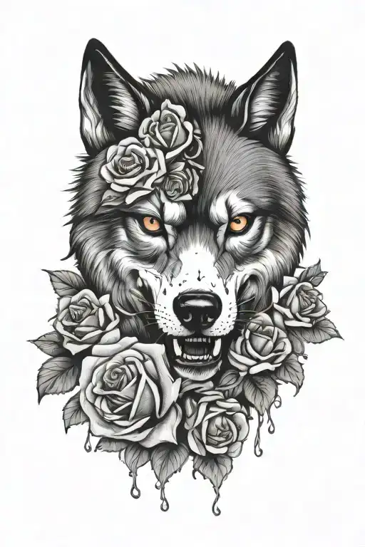 wolf skull with roses and blood tattoo design idea