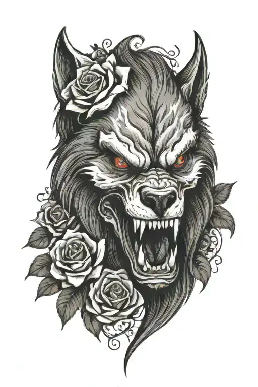 werewolf skull and roses tattoo design idea